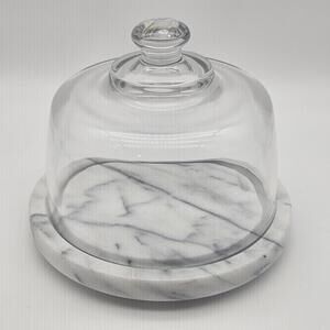 Marble Cheese Server With Glass Dome Lid Footed 7.5"x6.5"